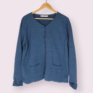 MANSTED Blue Cotton Cardigan Size XL Striped Dots Lagenlook Mixed Print Knit